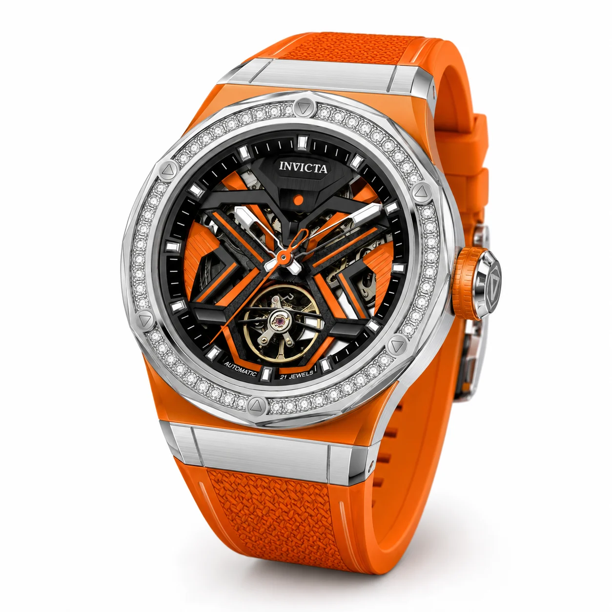 Invicta Objet D Art Diamond Automatic Watch - 45mm, Orange with Interchangeable Strap (70127) 45 mm kol saati
