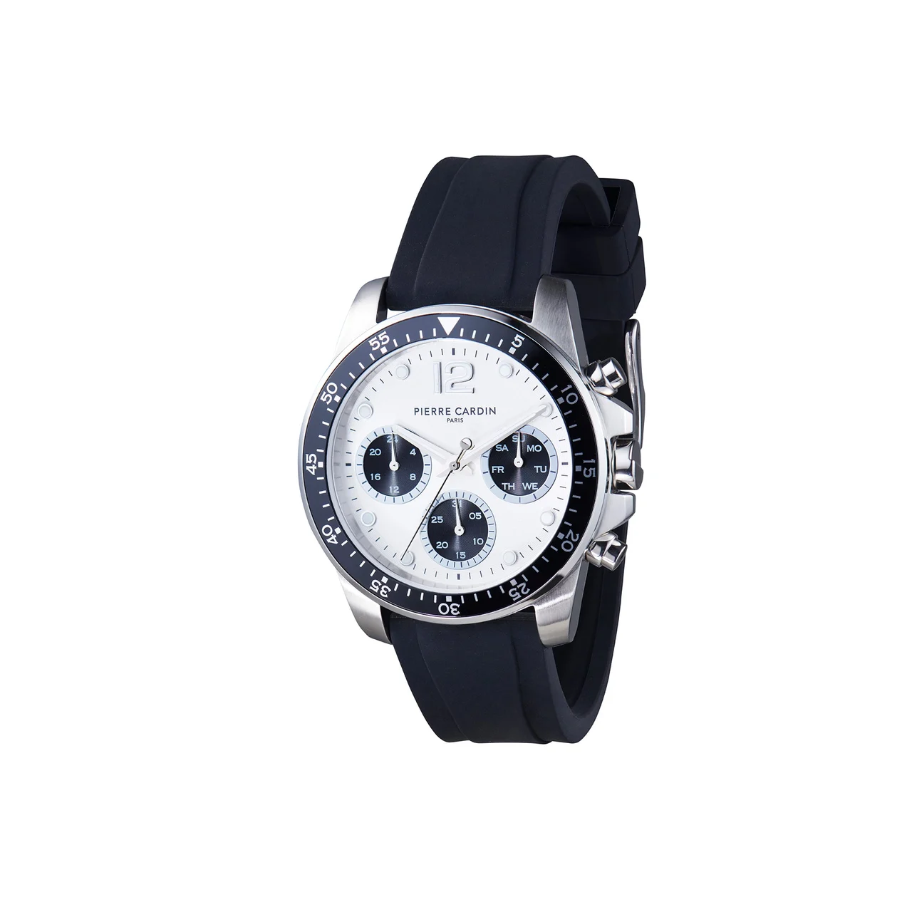 Pierre Cardin Nation Swank Multifunction watch with Silver Dial with Panda eyes and Black Bezel with a Rubber Strap CNI.021 40 mm kol saati
