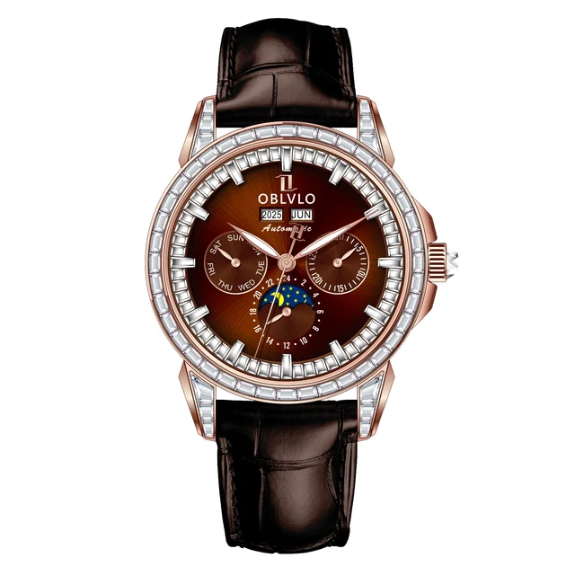 OBLVLO GCM Series,41mm,Brown Leather Strap ,Diamond Bezel, Brown Di kol saati