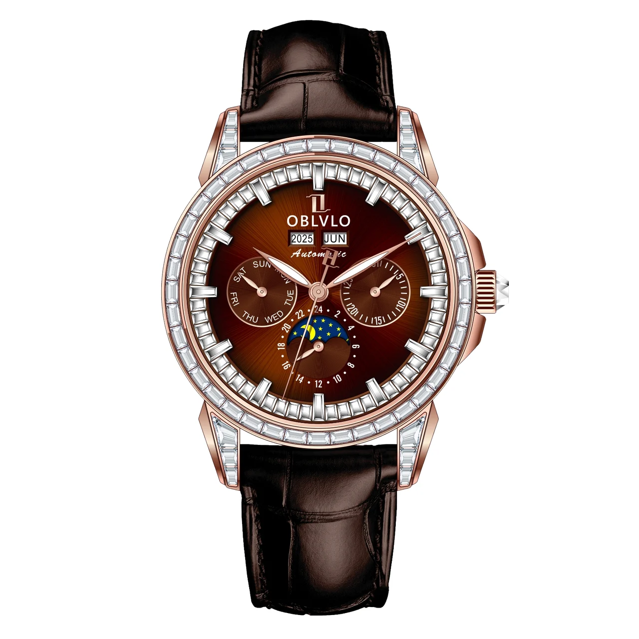 OBLVLO GCM Series,41mm,Brown Leather Strap ,Diamond Bezel, Brown Di 41 mm kol saati