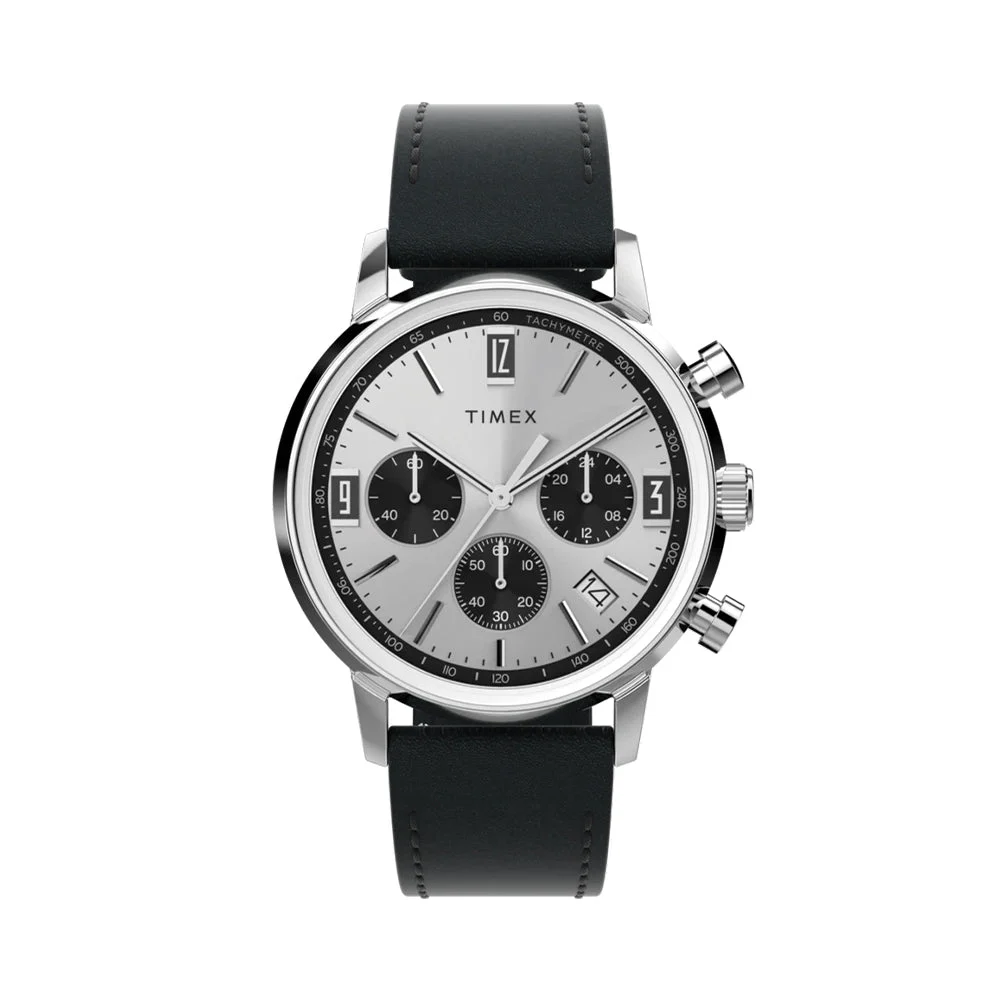 Timex Marlin® Chronograph Tachymeter 40mm - Silver on Leather Strap TW2W10300VQ 40 mm kol saati