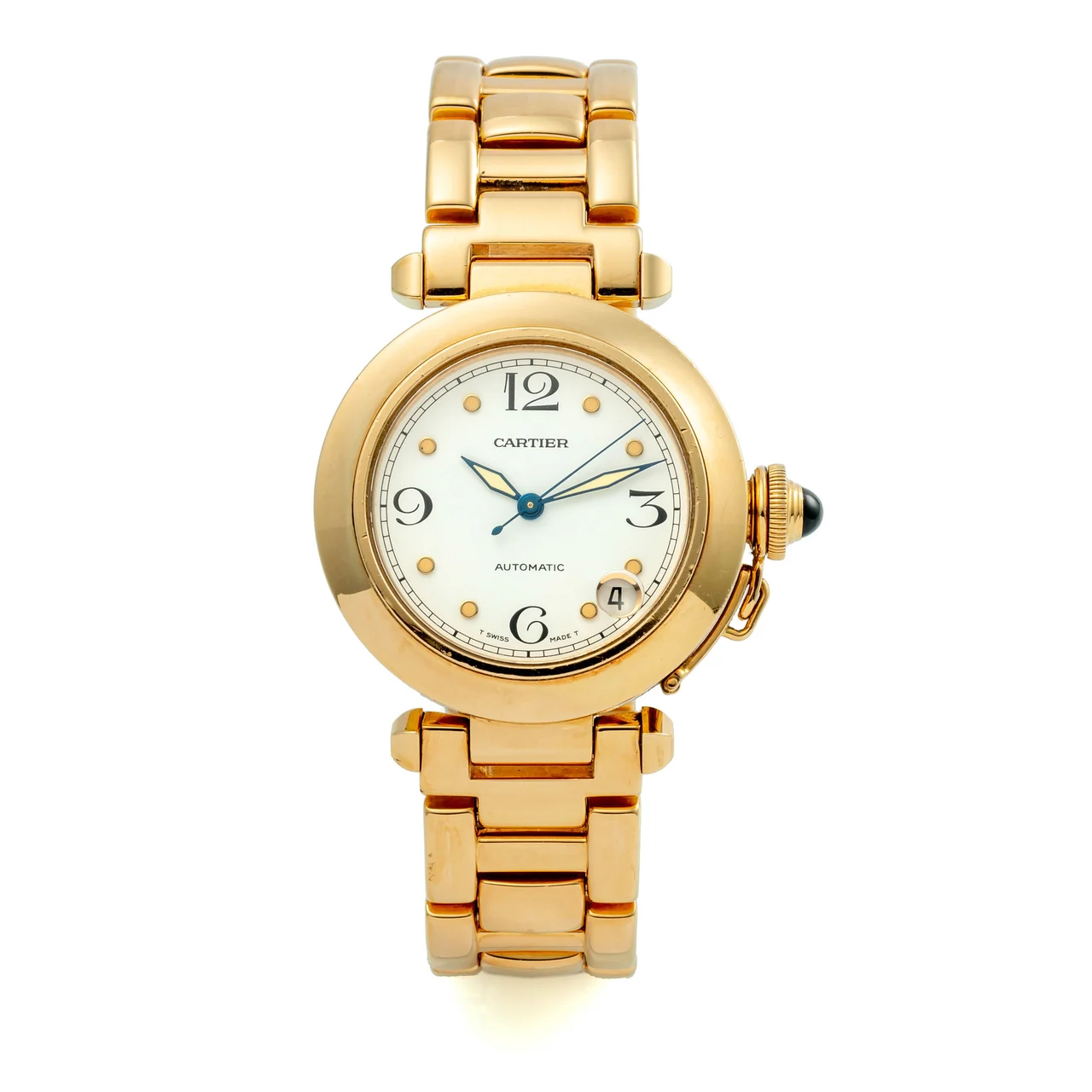 Cartier CARTIER REF. 1035, SELF-WINDING, CENTRE-SECONDS, DATE, WHITE-SILVER DIAL, INTEGRATED BRACELET; "PASHA"; 18K YELLOW GOLD kol saati