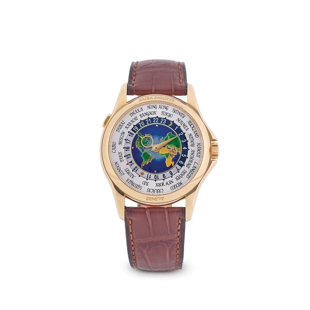 Patek Philippe PATEK PHILIPPE, REF 5131J, WORLDTIME ENAMEL A fine, limited, self-winding, 18k yellow gold worldtime with enamel dial. kol saati