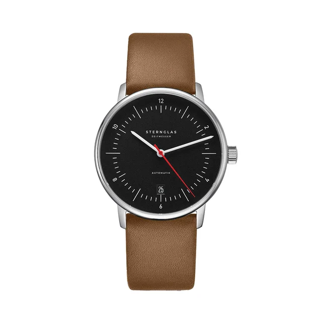 Sternglas Naos Automatic 38mm - Black/Red on Brown Leather Strap S02-NA43-PR01 kol saati