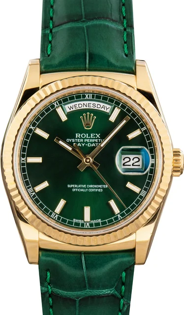 Rolex ROLEX REF. 118138, DAY-DATE, 18K YELLOW GOLD, GREEN DIAL, ORIGINAL SET WITH ITALIAN 