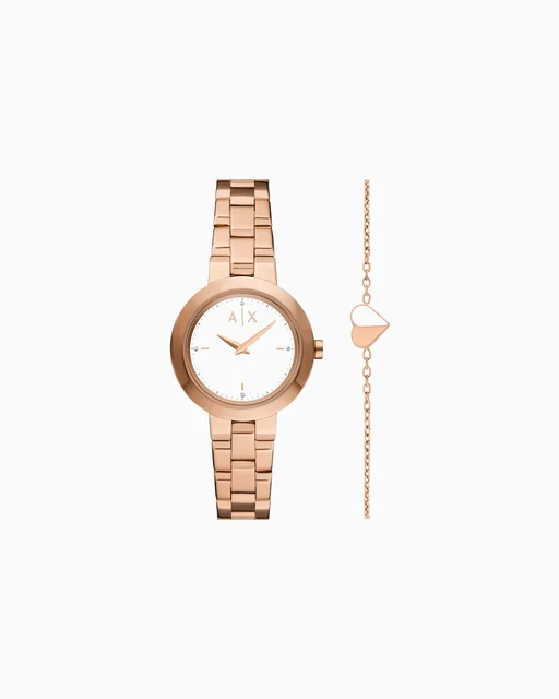 Armani Exchange Two-Hand Rose Gold-Tone Stainless Steel Gift Set AX7175SET kol saati