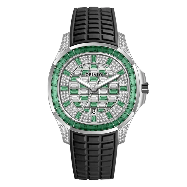 OBLVLO Rubber Strap ,Green and white gradient FM Series,40mm,Black Rubber Strap ,Green and