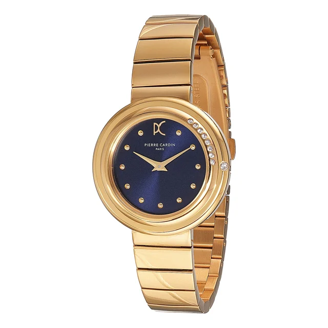 Passy Météore ’ Watch - Gold Case with Blue Dial, Crystal Bezel, and Metal Link Strap CF.1