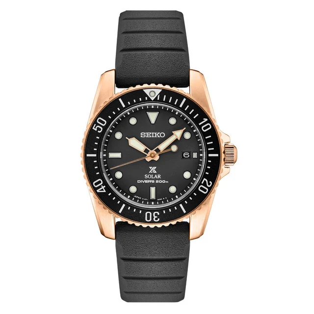 Seiko Prospex Black Dial Solar Dive Watch with Rose Goldtone Case #SNE586 kol saati