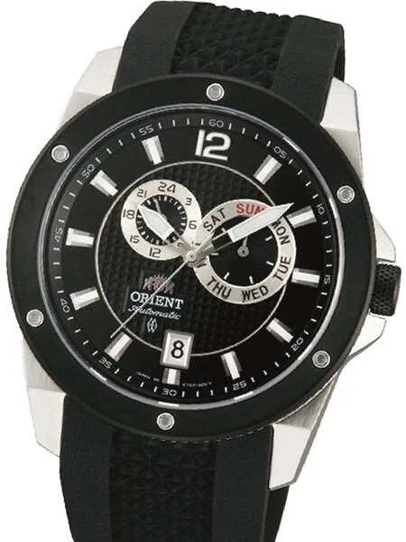 Orient Scratch and Dent - Elite 21-Jewel Automatic Sport Watch with Sapphire Crystal, 24-Hour Sub-Dial #ET0H001B SND041 42 mm kol saati