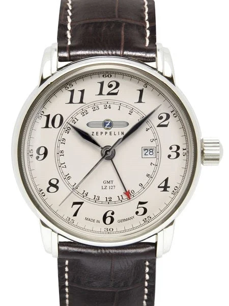 Graf Zeppelin Dual Time, GMT Watch with Red Tipped 24-hr Hand. #7642-5 kol saati