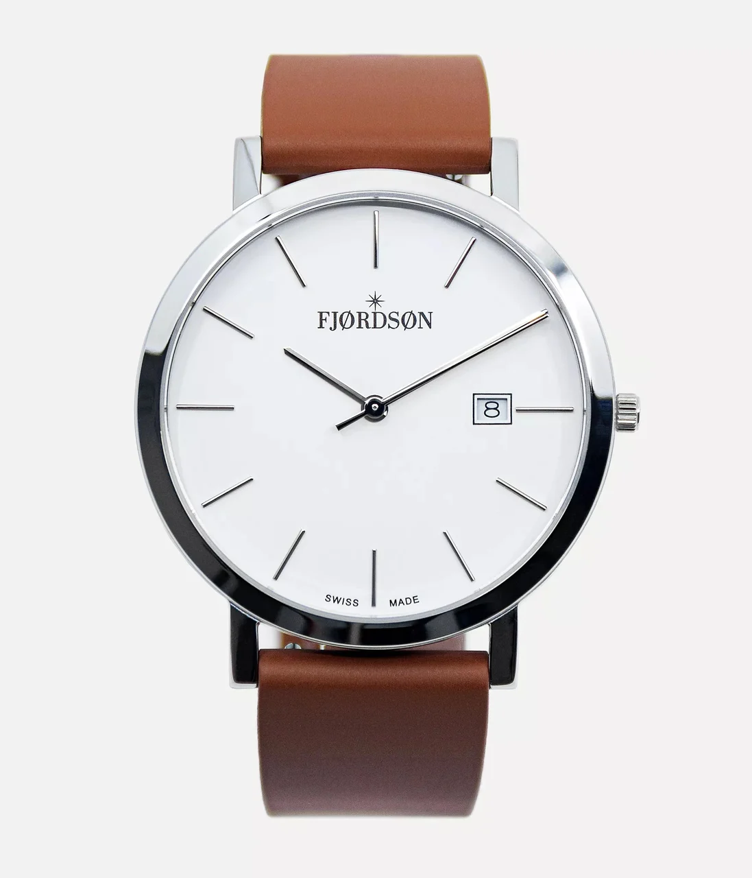 Fjordson White Dial With Brown Rubber Strap - Watch #9142 | White Dial With Brown Rubber Strap - Men's Watch 42 mm kol saati