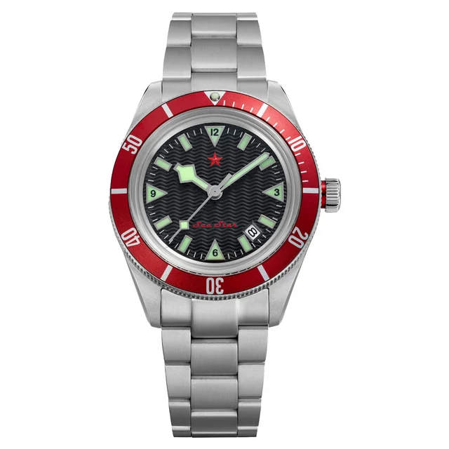 Red Star SEA STAR Watch with Black Dial and Red Bezel #7074G-D kol saati