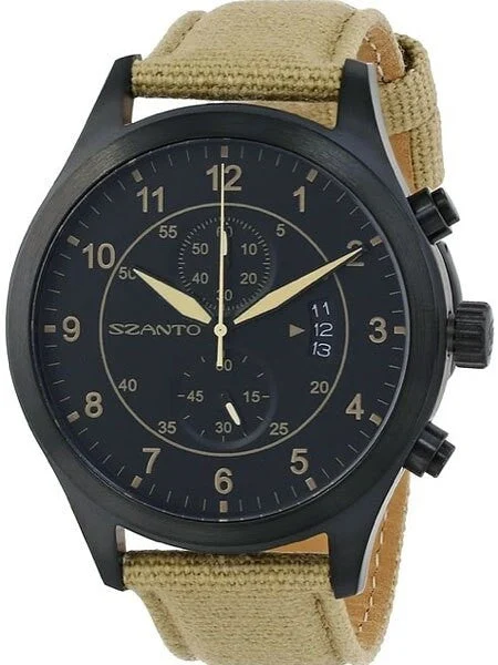 Szanto Black Ion Plated Vintage Inspired Military Chronograph Watch #1202 46 mm kol saati