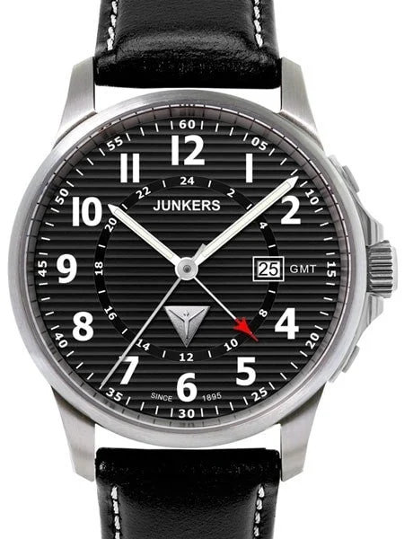 Junkers Scratch and Dent - Tante JU Series GMT Watch with Corrugated Black Dial #6848-2 SN