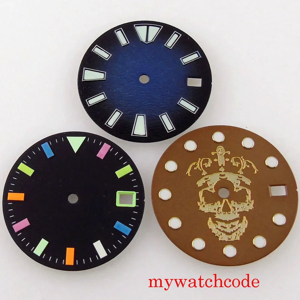 Tandorio For NH35 Movement 28.5mm Luminous Sterile Black Brown Blue Watch Dial With Date Window Skull Pattern For 3&4.2 O'Clock Crown 14:350686#Brown 28.5 mm kol saati