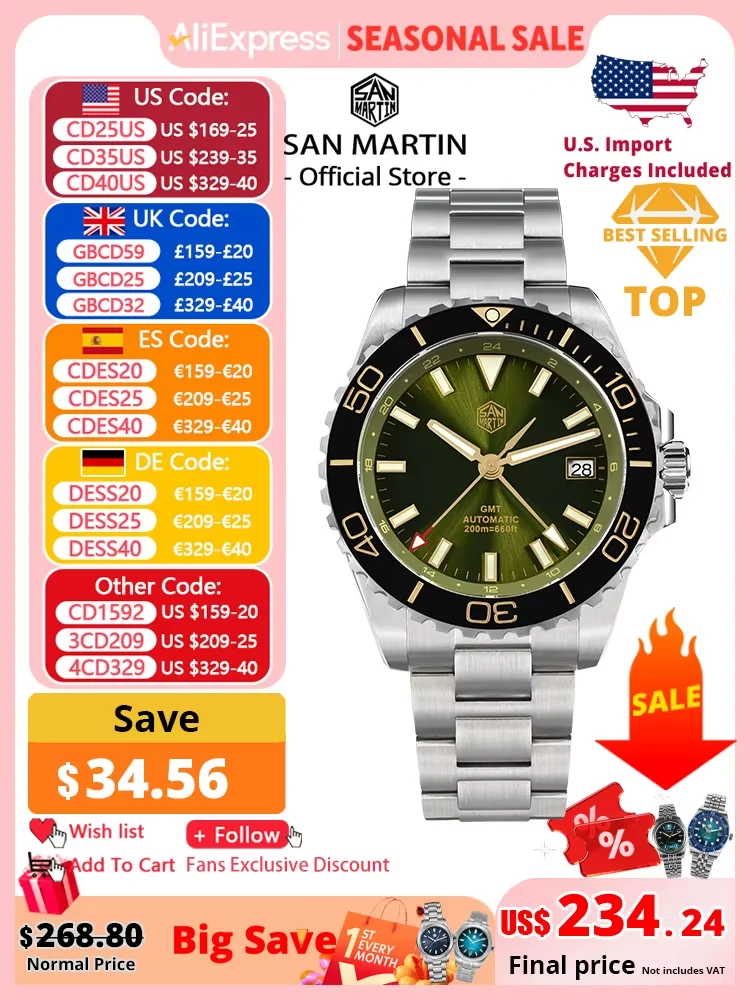 San Martin Diver GMT Watch Enamel Dial NH34 Stainless S San Martin 39mm Diver GMT Watch Enamel Dial NH34 Stainless S 39 mm kol saati