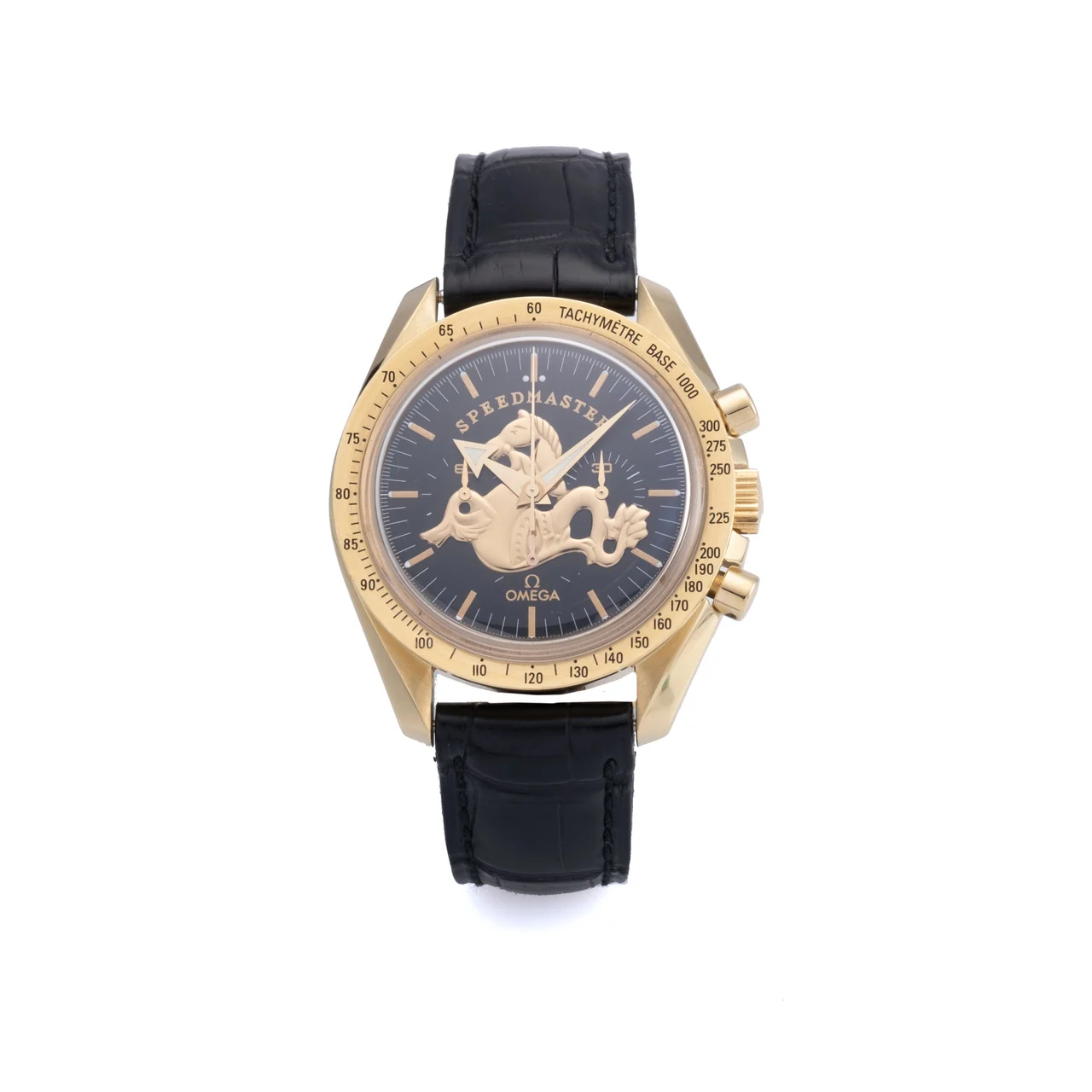Omega. Prototype Ref. 145.0022/345.022, Speedmaster professional, Moonwatch, Chronograph, Minute and hour counters, Black dial, so-called "Sea horse", limited edition especially made for the 150th anniversary of the manufacture N°000 / 150, Gold-plated metal kol saati
