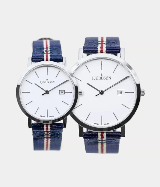Fjordson White Dial With Striped Navy Blue Nato Strap - Matchin #91 | White Dial With Stri