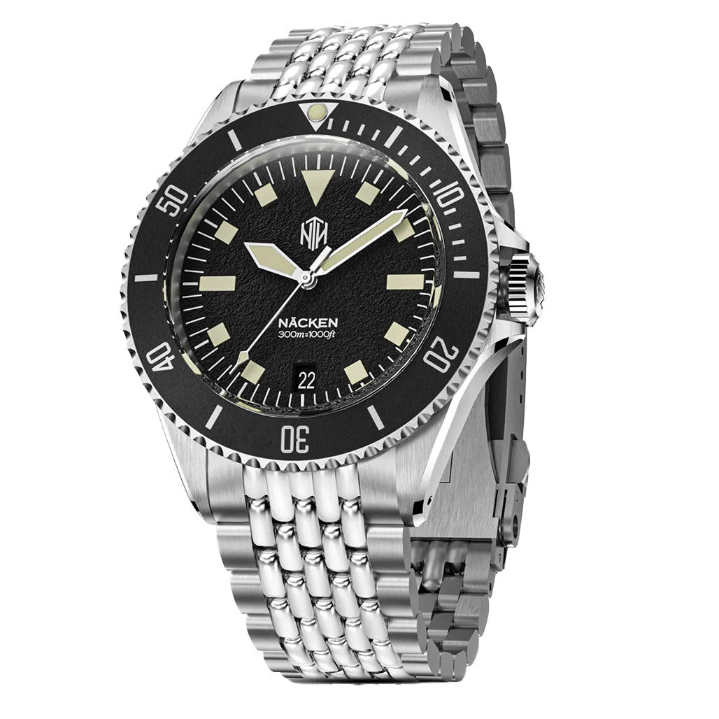 NTH Legends Series Näcken Vintage Black Dive Watch with Date #WW-NTHL-NVKDB 48 mm kol saati