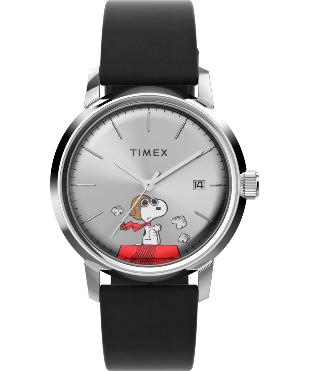 Timex Peanuts® x Marlin® Automatic Snoopy Flying Ace 40mm Leather Strap Watch TW2W49600 40 mm kol saati