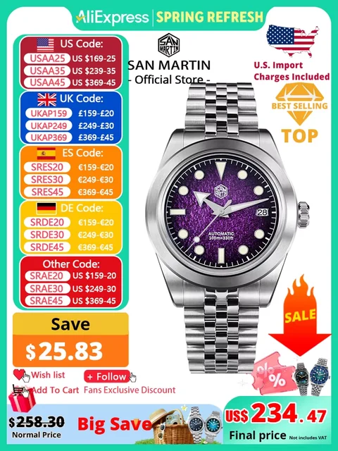 San Martin New 39mm Sport Watch Enamel Dial NH35 Automatic M kol saati