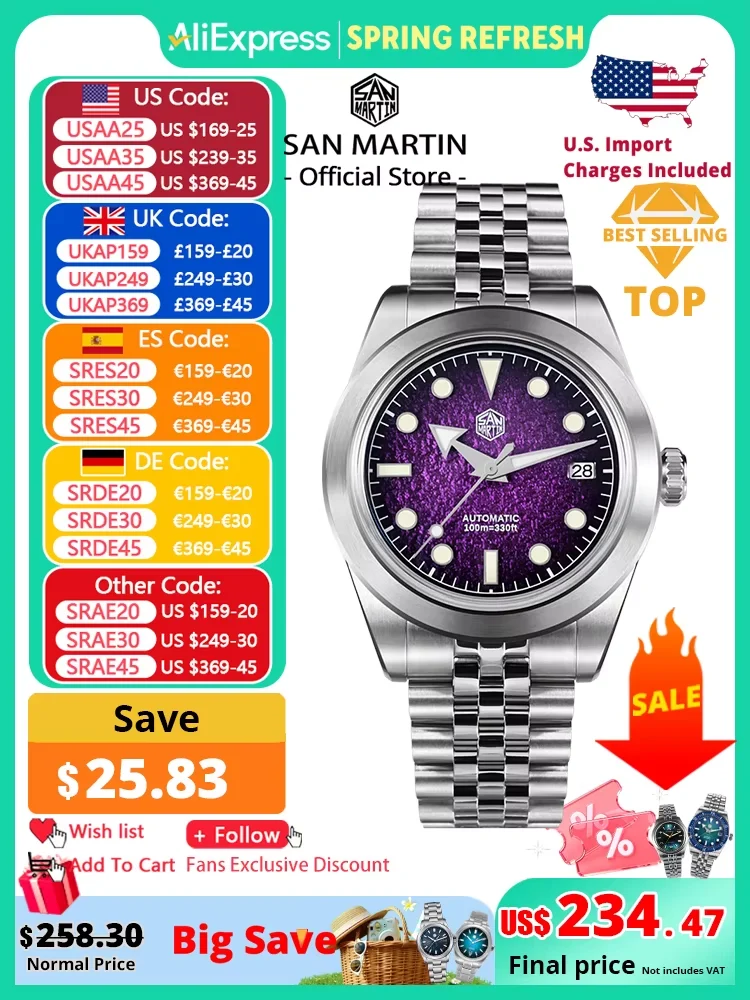 San Martin New 39mm Sport Watch Enamel Dial NH35 Automatic M 39 mm kol saati