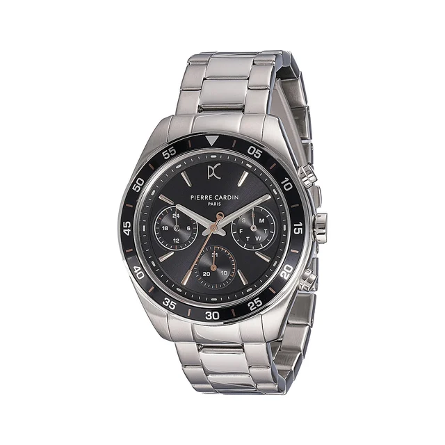 NATION Cristal Men’s 42mm Multifunction Watch - Silver Case, Black Dial, Black Bezel with