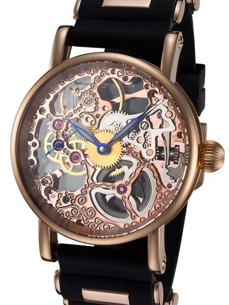 Rougois Rosarita Hand Wind Decorated Skeleton Movement Watch with Rose Goldtone Case #RS10005-BSB 44 mm kol saati