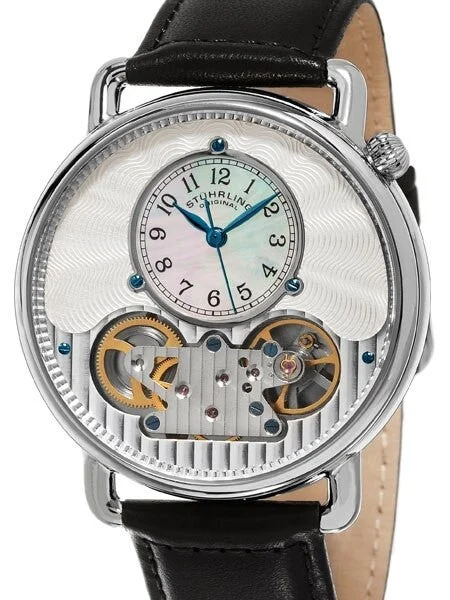 Stuhrling Quartz Watch with Decorative Skeleton Movement, Mother-of-Pearl and Silver Dial