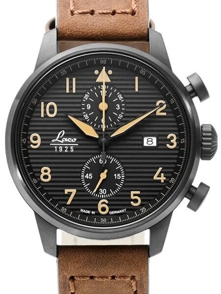 Laco Engadin Two-Eye Chronograph Watch with 42mm PVD Case and Corrugated Dial #861976 42 mm kol saati