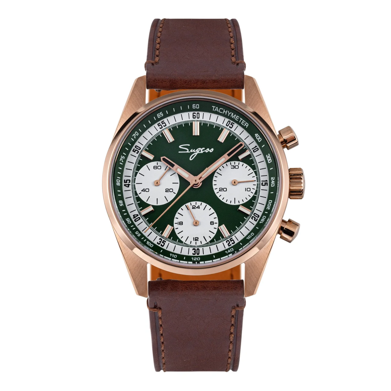 Sugess Chronograph Rose Gold Green Dial Rose Leather Strap S465 Chronograph Rose Gold Green Dial Rose Leather Strap 38 mm kol saati