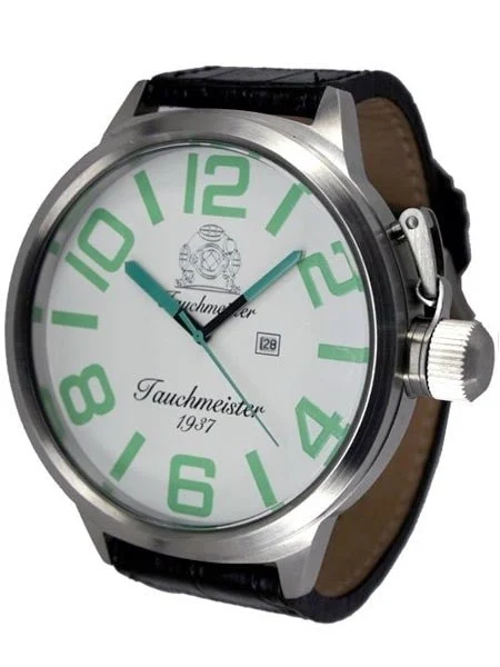 Tauchmeister XXL 57mm White Dial Military Watch with Crown Protector T0212 kol saati