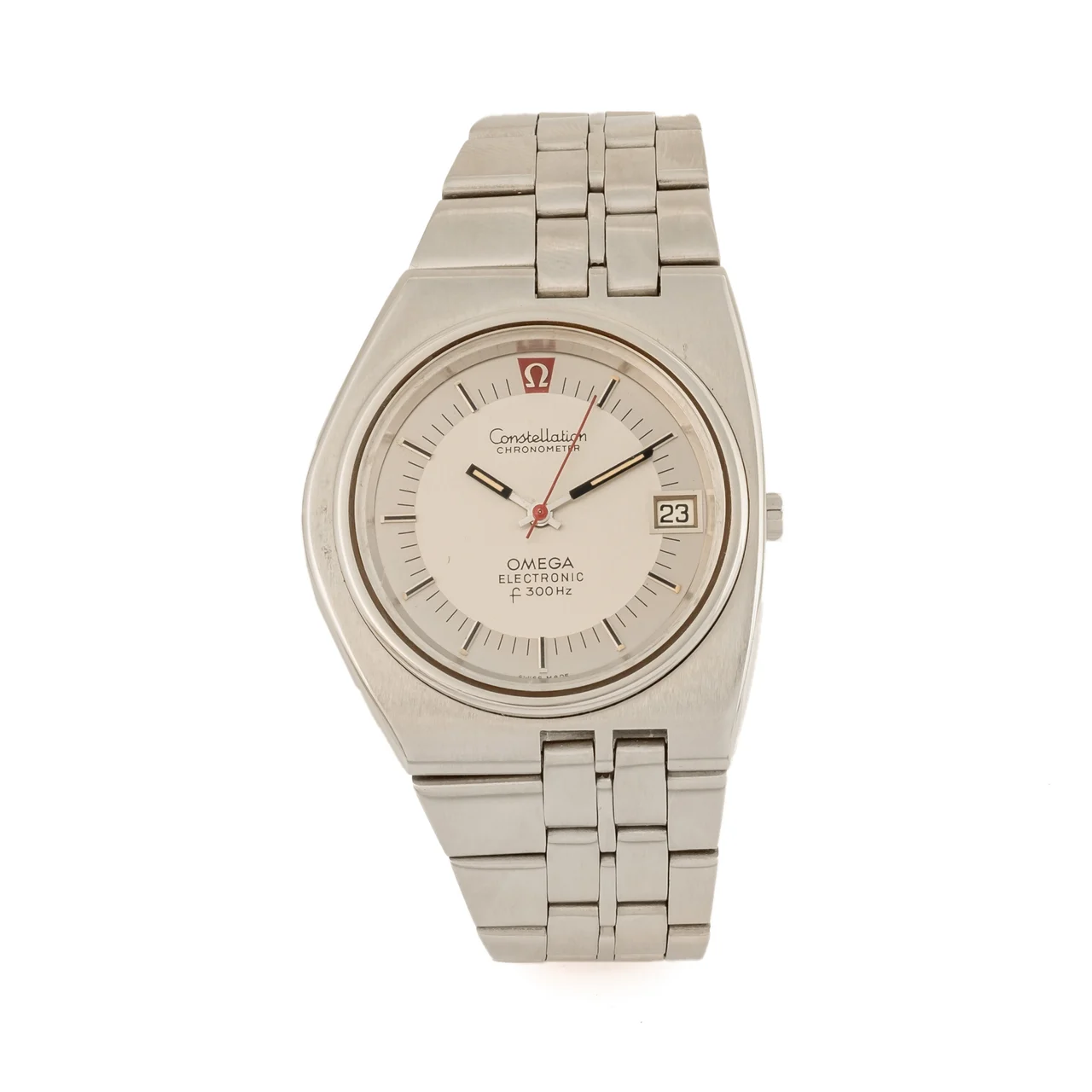 OMEGA Ref. 198.0004, electronic, centre-seconds, date, two-tone silver dial, integrated bracelet; “Electronic”; stainless steel kol saati