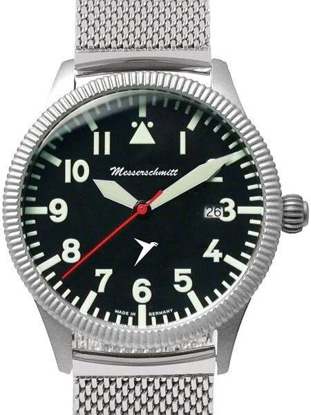 Messerschmitt Aviator Watch with Coin Edge Bezel, Mesh Bracelt #ME-134M kol saati