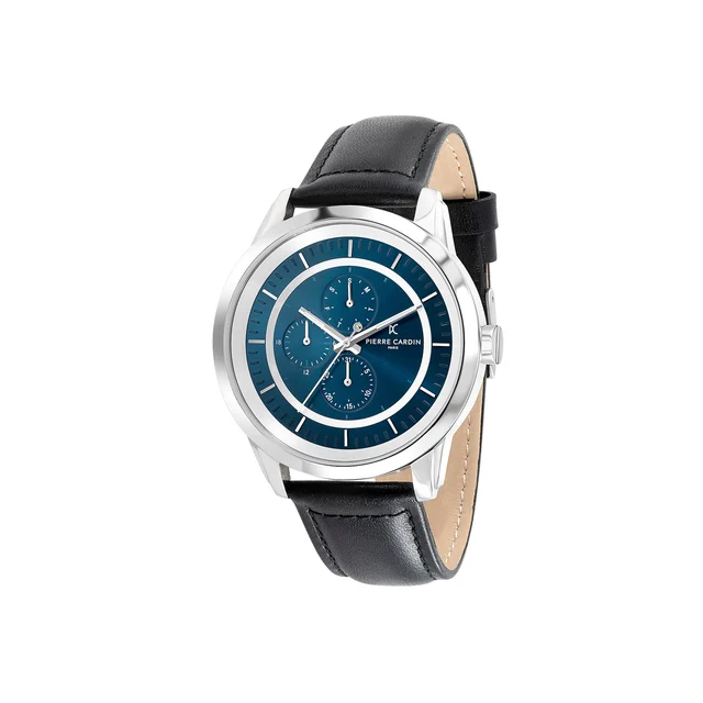 LES HALLES Blue Dial Silver Multifunction Watch with Black Leather Strap CCP.5011 kol saat