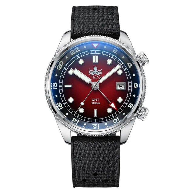 Phoibos Eagle Ray 300-Meter Dual-Time GMT Dive Watch with Double Dome AR Sapphire Crystal