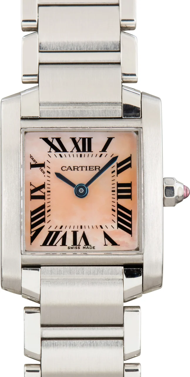 Cartier Tank Francaise Pink Mother of Pearl Dial Ref W51028Q3 kol saati
