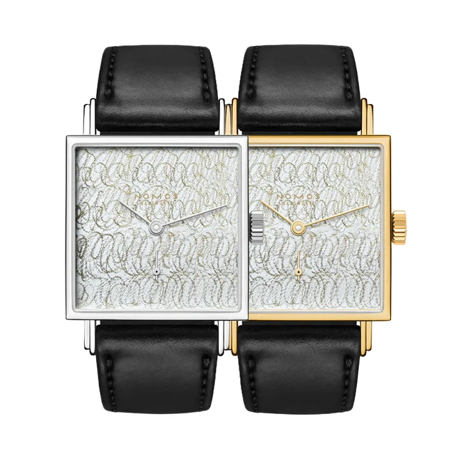 NOMOS Glashütte Twice Unique "Scribble" Tetra Steel and Gold 27 - Silver on Leather Strap