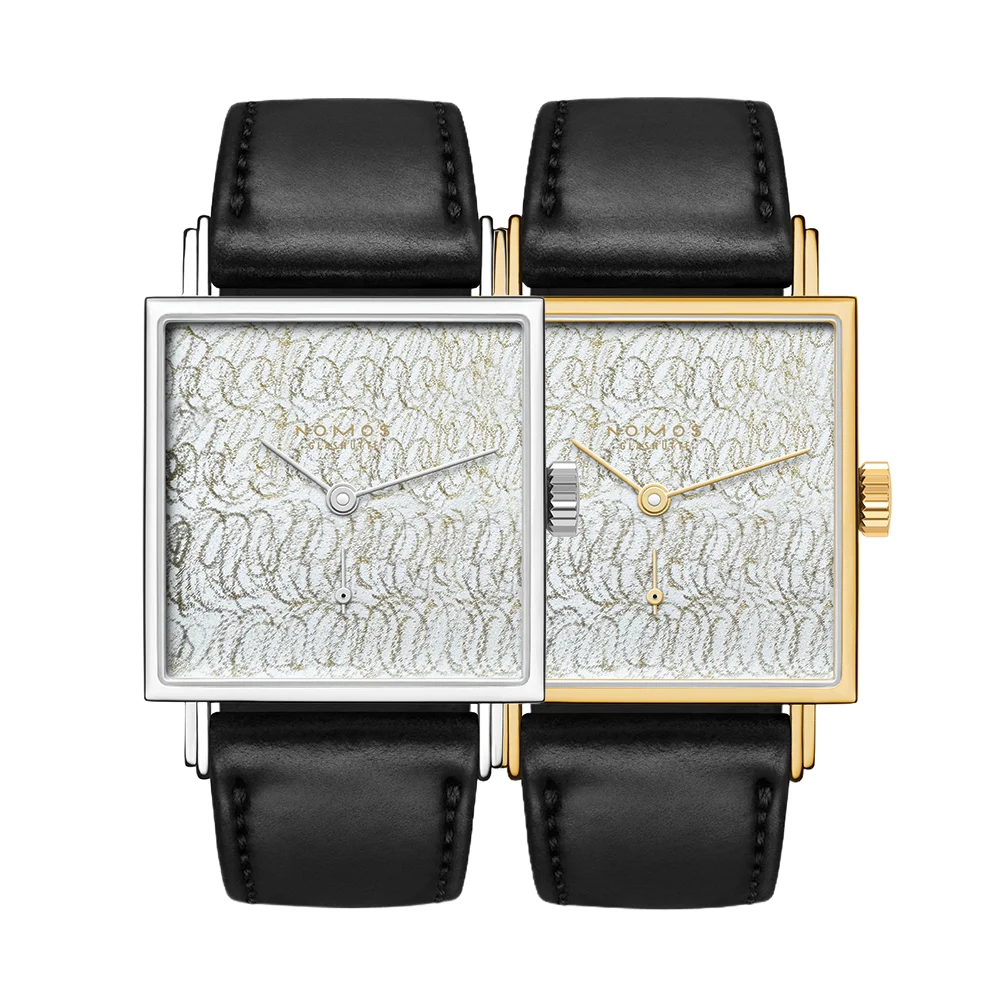 NOMOS Glashütte Twice Unique "Scribble" Tetra Steel and Gold 27 - Silver on Leather Strap 402418TU9 kol saati