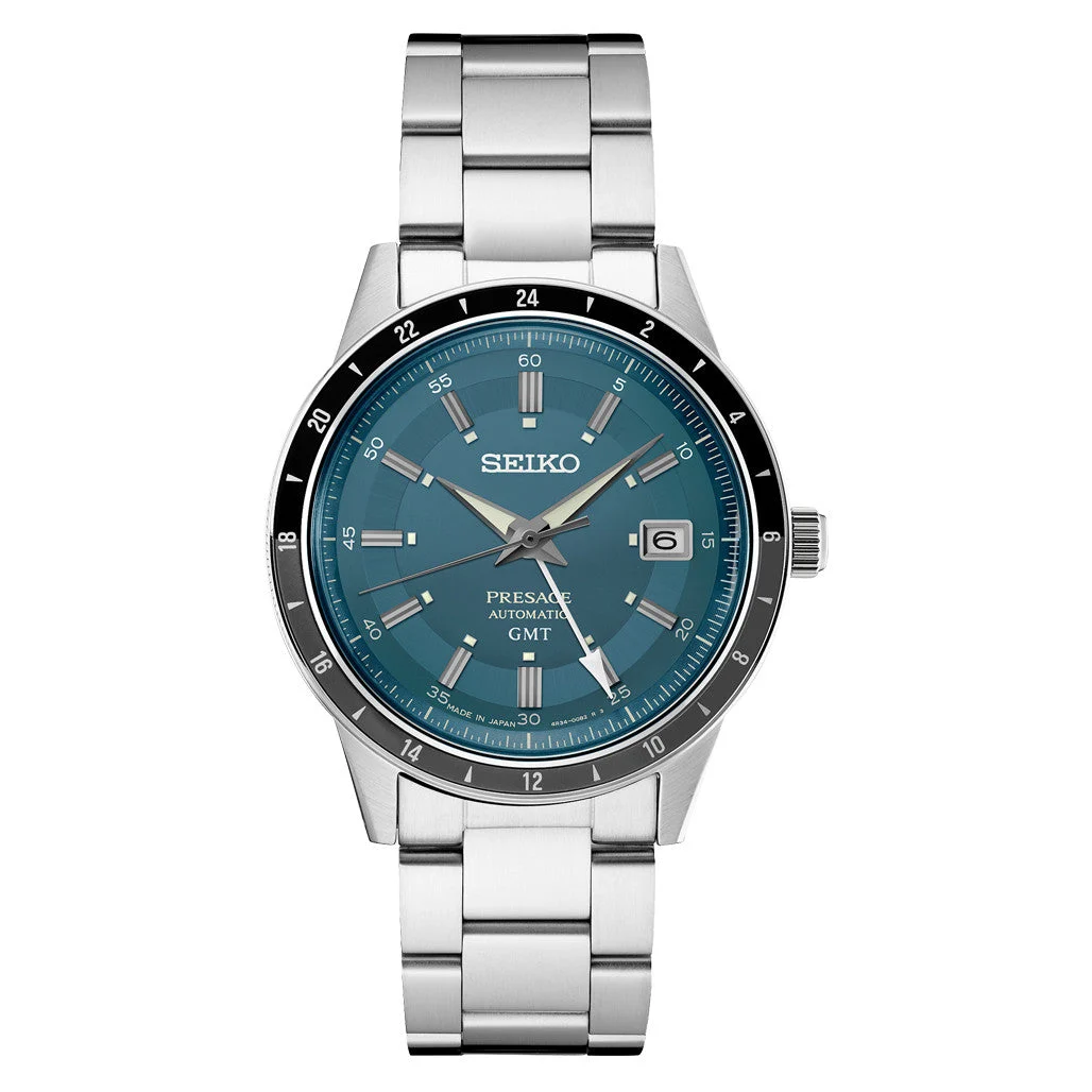 Seiko Presage 60's Style Automatic GMT Dress Watch with Blue Dial #SSK009 kol saati
