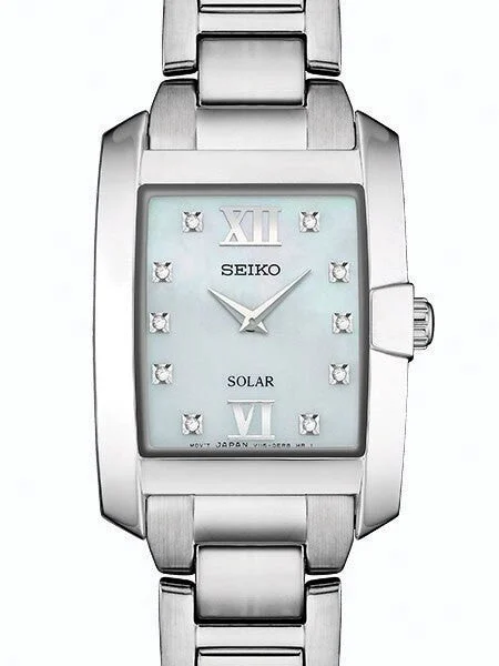 Seiko Solar Dress Watch with 10 Diamond Hour Markers, Mother of Pearl Dial #SUP377 kol saati
