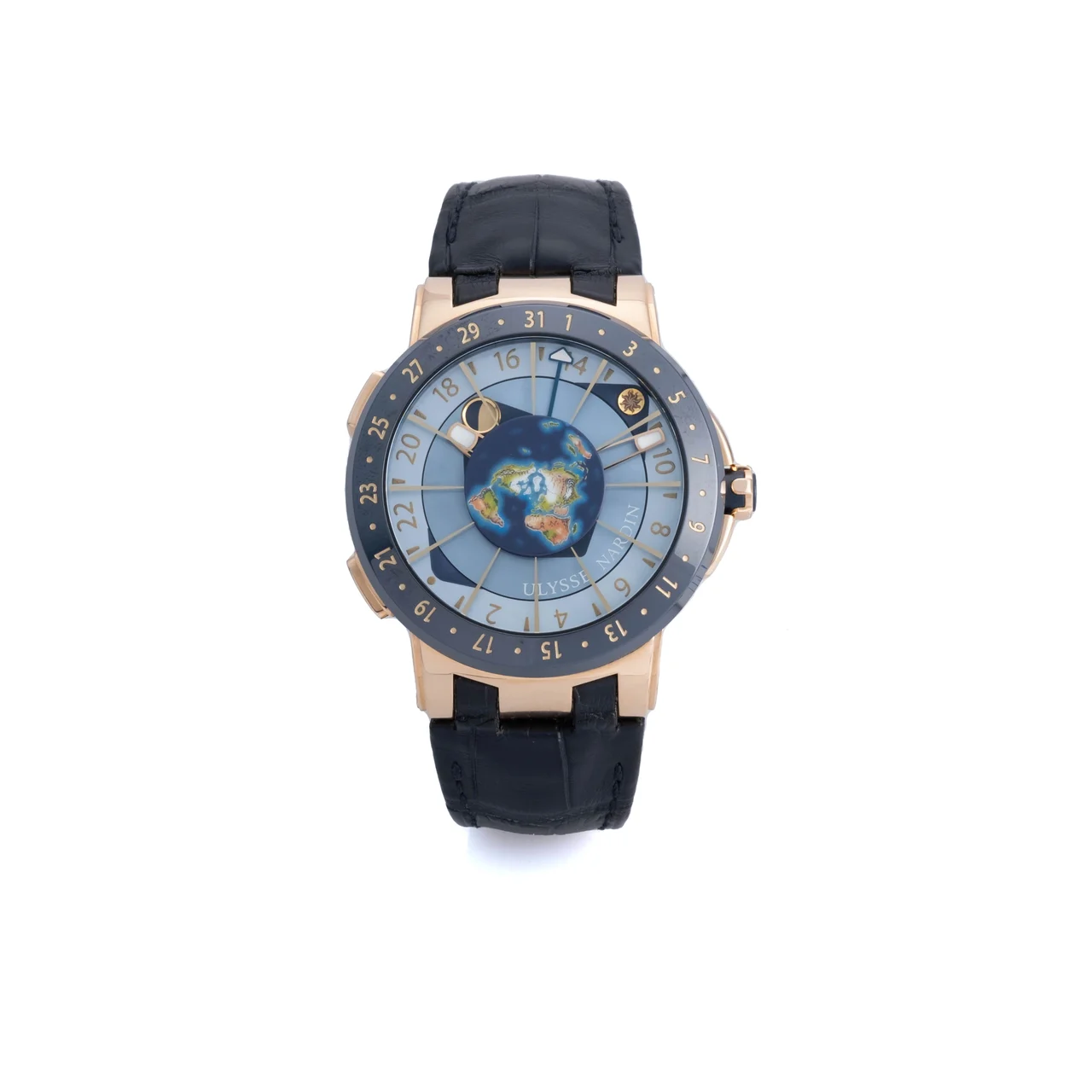 Ulysse Nardin Ref. 1069-113, self-winding, astronomic, AM-PM indication, date; “Moonstruck”; limited edition of 500 pieces; 18K pink gold and ceramic kol saati