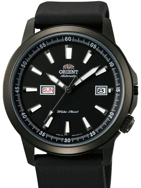 Orient Black PVD Stingray Day and Date Automatic Watch with Black Dial #EM7K003B kol saati