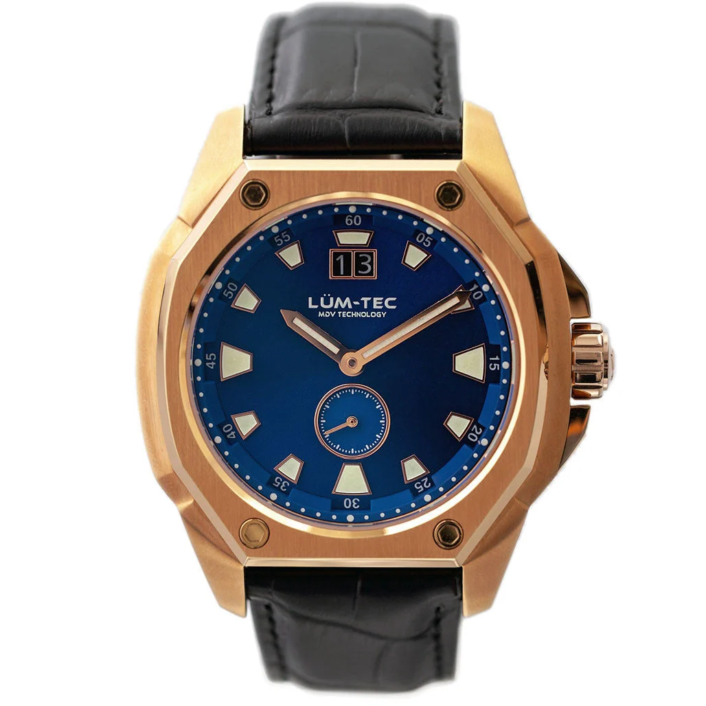 Lum Tec Lum-Tec 44mm Goldtone Watch with Blue Dial, Big-Date, and Anti-Reflective Sapphire Crystal #V-13 44 mm kol saati