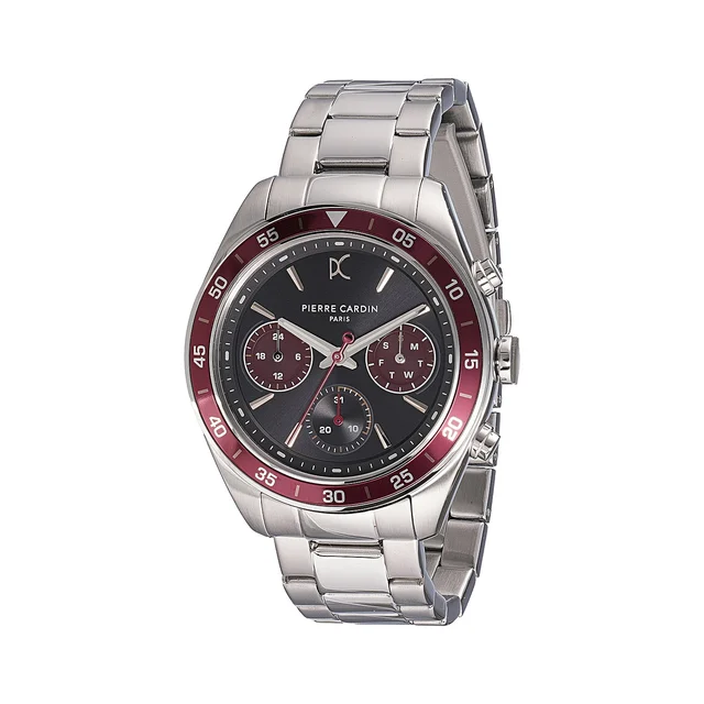 NATION Cristal Men’s 42mm Multifunction Watch - Silver Case, Black Dial with Wine Panda Ey