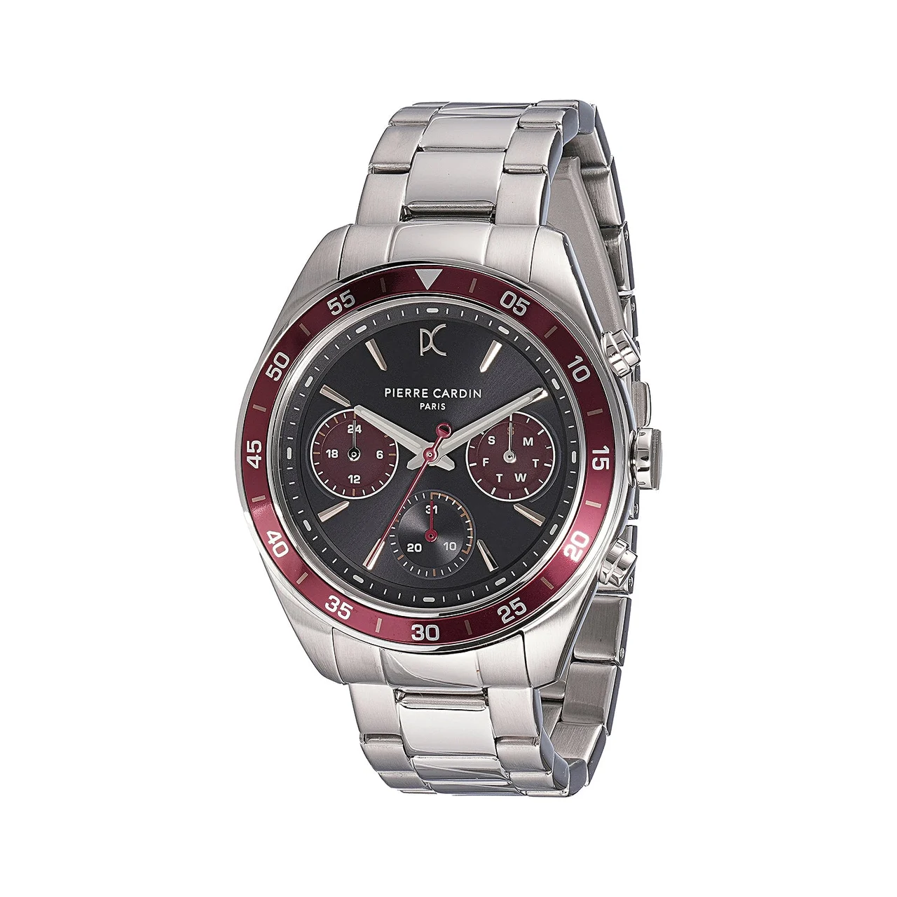 NATION Cristal Men’s 42mm Multifunction Watch - Silver Case, Black Dial with Wine Panda Eyes, Wine Bezel, and Silver Metal Strap CF.1004.MS.2 42 mm kol saati