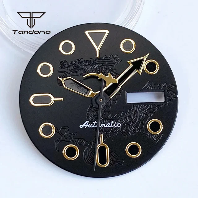 Tandorio Watch Dial 29mm Day Date Black Dragon Pattern+ Shark Hands Set for Skx Mod Parts 