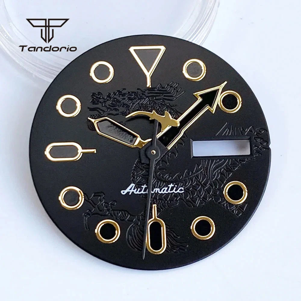 Tandorio Watch Dial 29mm Day Date Black Dragon Pattern+ Shark Hands Set for Skx Mod Parts 12000045465334344 29 mm kol saati