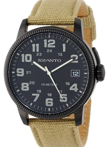 Szanto Black Ion Plated Vintage Inspired Military Aviator Watch #1102 kol saati